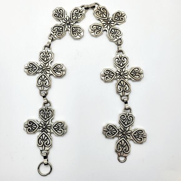 Silver Toned Heavyweight Cross Plate Engraved Medieval Chain-link Scrap Jewelry - Picture 1 of 7